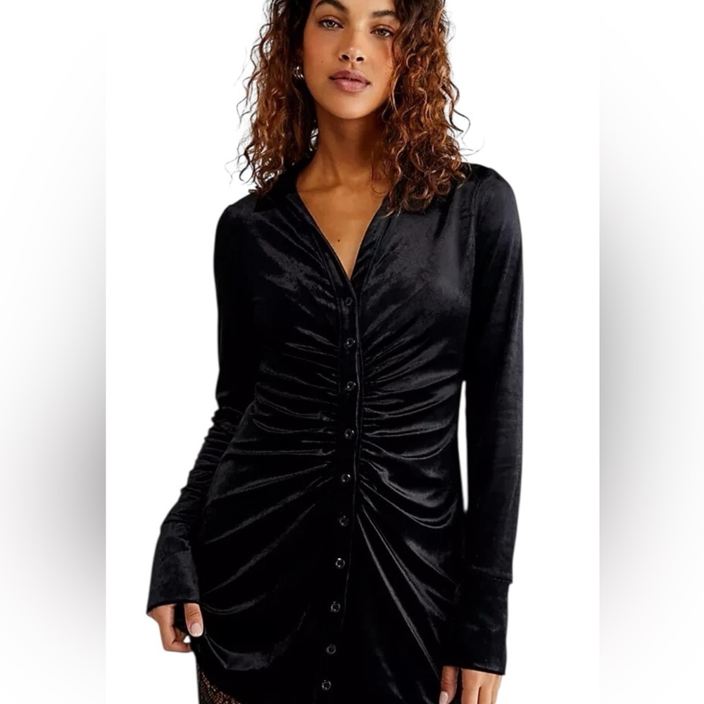 Free People - Shayla Velvet Button-Down Ruched Long Sleeve Mini Dress Sz M - Picture 3 of 10